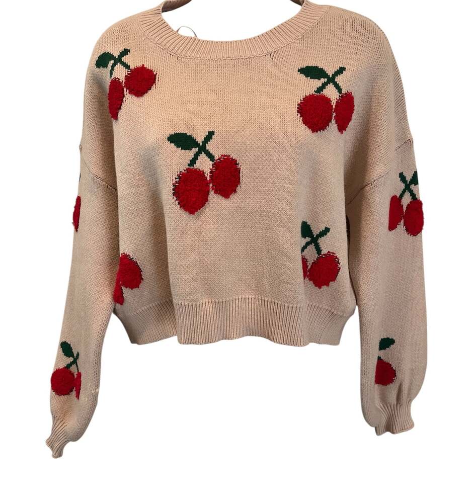 Altar'd State Cream and Red Cherry Knit Crew Neck Sweater